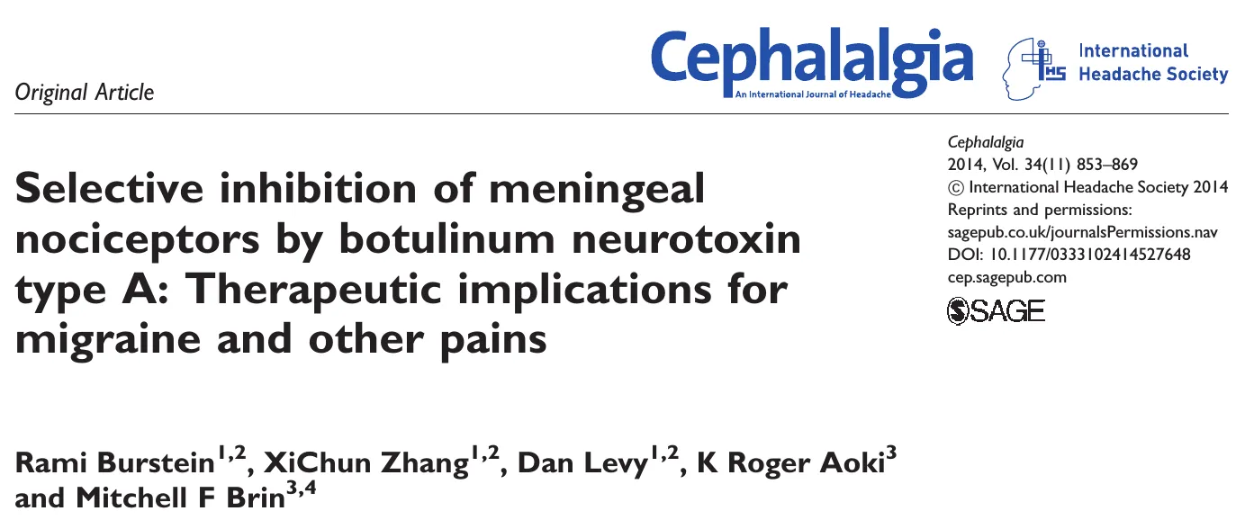 Rami Burstein et al. (2014). Selective inhibition of meningeal nociceptors by botulinum neurotoxin type A: Therapeutic implications for migraine and other pains. Cephalalgia.
