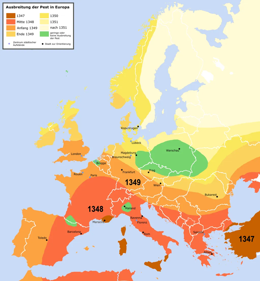 Ausbreitung der Pest in Europa zwischen 1347 und 1351, Von Roger Zenner - „Atlas zur Weltgeschichte", CC BY-SA 2.0 de