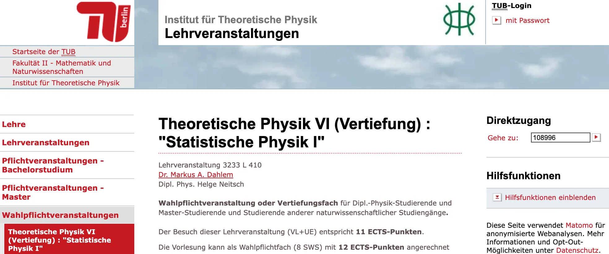 Theoretische Physik VI — Statistische Physik