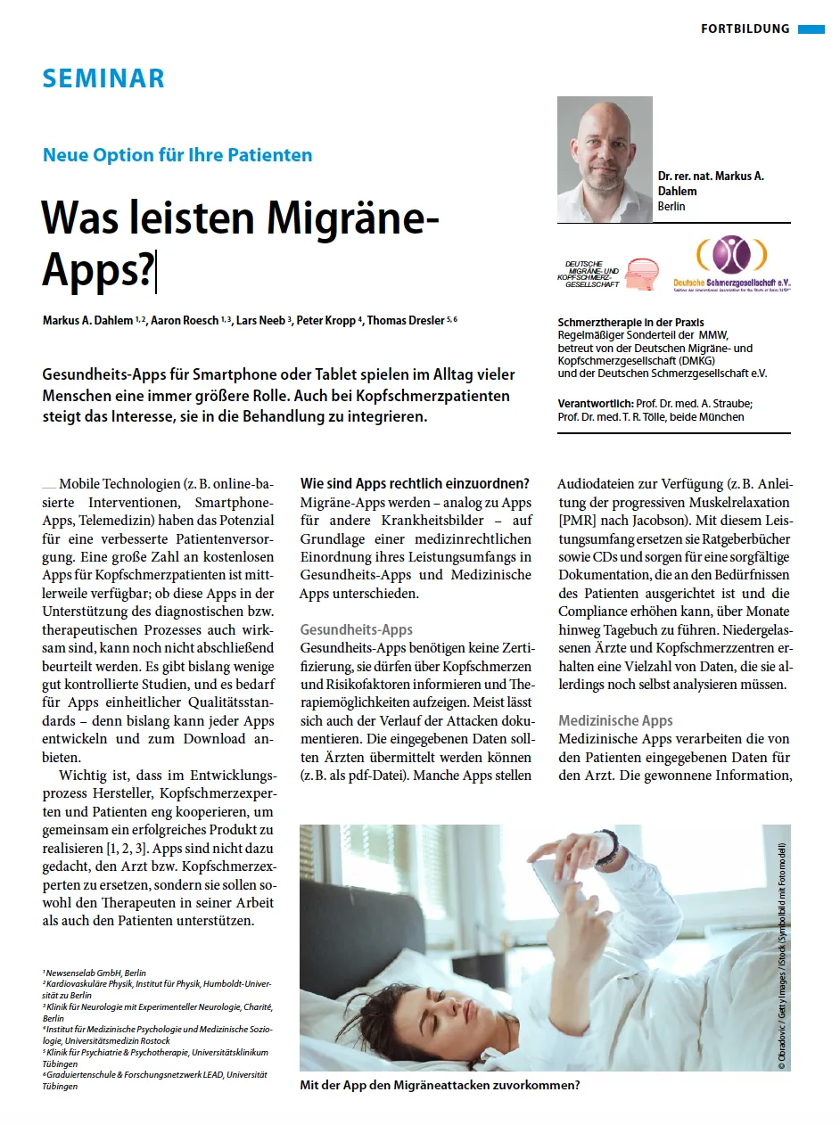 Fachartikel über Migräne-Apps – Titelseite